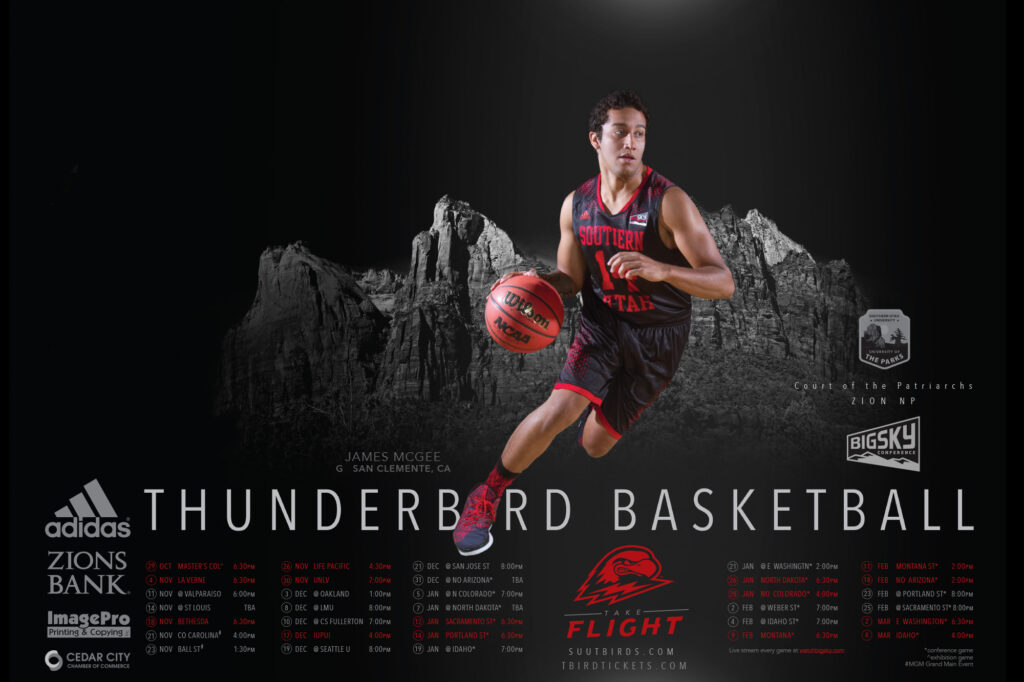 2016 SUU Men's Basketball schedule poster.