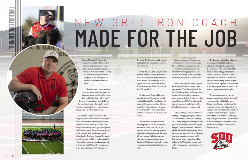 2022 Alumni Magazine Spread about SUU Head Coach